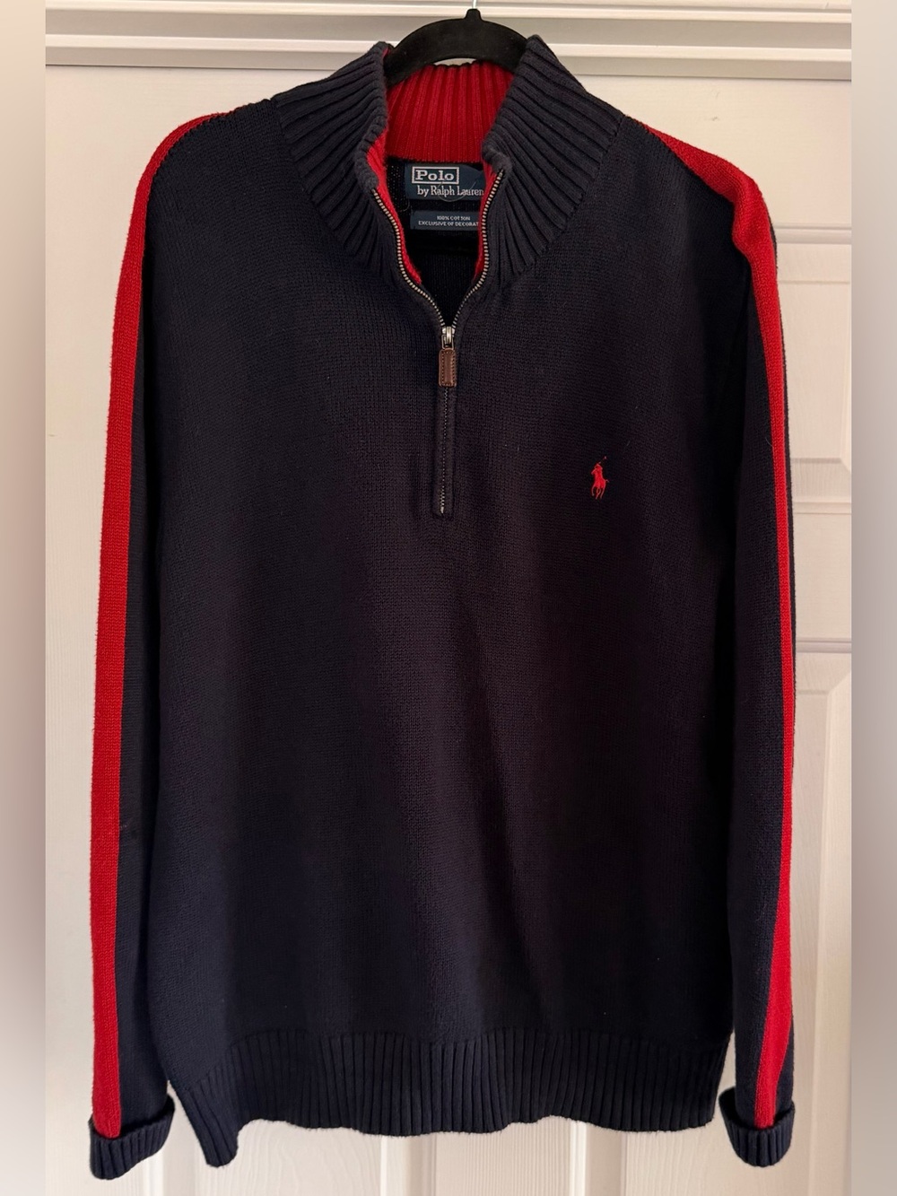 Polo by Ralph Lauren Vintage Men’s Navy Quarter-Zip Sweater with Red Trim Sz L